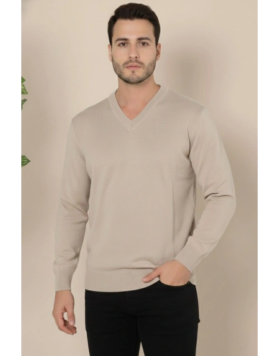 Erkek V Yaka Triko Kazak yumuşak dokulu Pamuklu ince Dokuma, uzun kollu Rahat Regular kalıp - Bej