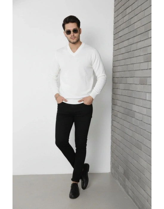 Erkek V Yaka Triko Kazak yumuşak dokulu Pamuklu ince Dokuma, uzun kollu Rahat Regular kalıp - Beyaz