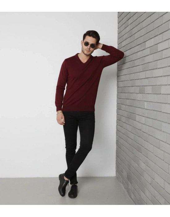 Erkek V Yaka Triko Kazak yumuşak dokulu Pamuklu ince Dokuma, uzun kollu Rahat Regular kalıp - Bordo