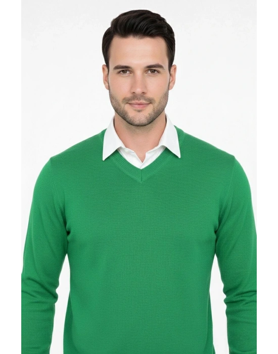Erkek V Yaka Triko Kazak yumuşak dokulu Pamuklu ince Dokuma, uzun kollu Rahat Regular kalıp - Çimen Yeşili