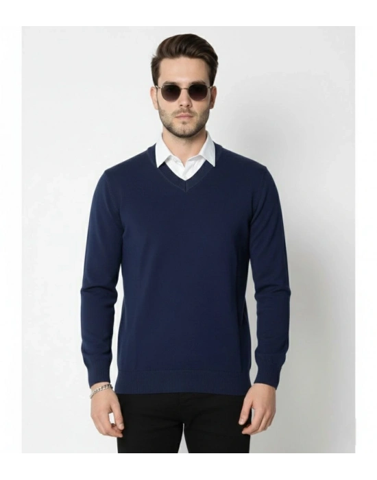 Erkek V Yaka Triko Kazak yumuşak dokulu Pamuklu ince Dokuma, uzun kollu Rahat Regular kalıp - Lacivert