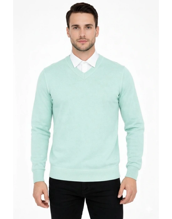 Erkek V Yaka Triko Kazak yumuşak dokulu Pamuklu ince Dokuma, uzun kollu Rahat Regular kalıp - Mint Yeşili