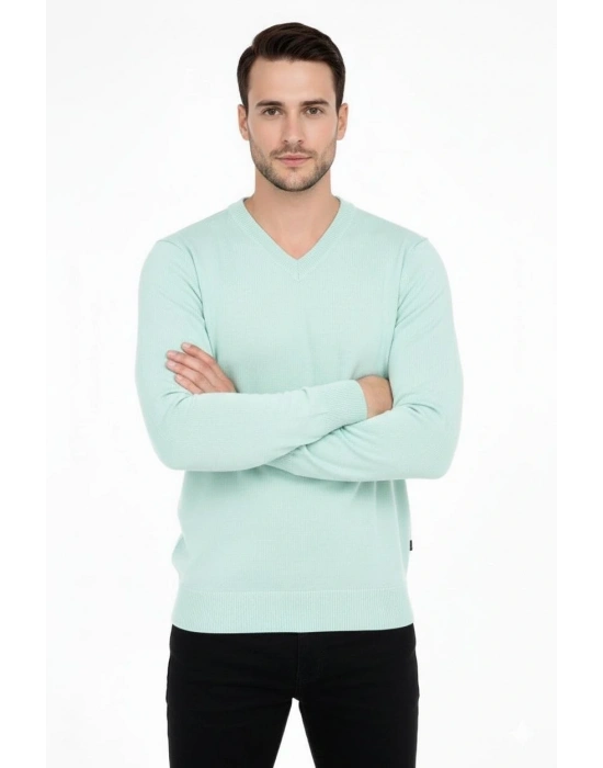 Erkek V Yaka Triko Kazak yumuşak dokulu Pamuklu ince Dokuma, uzun kollu Rahat Regular kalıp - Mint Yeşili