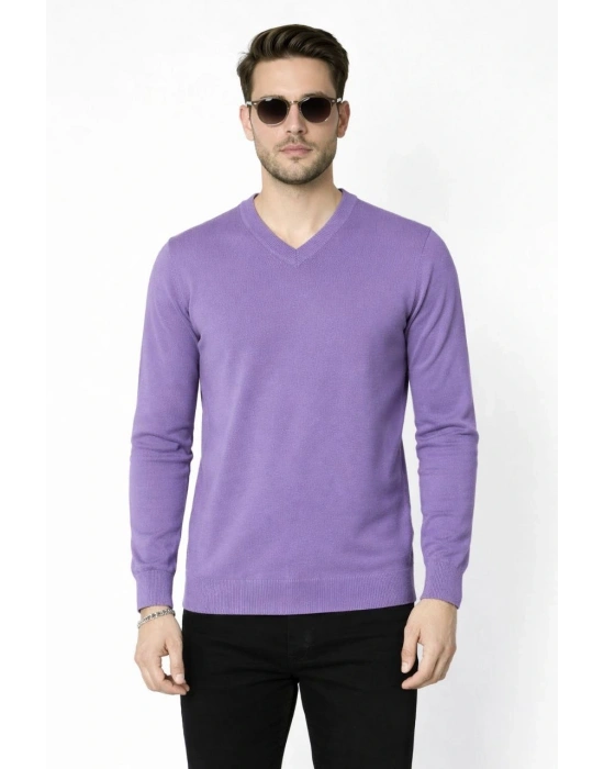 Erkek V Yaka Triko Kazak yumuşak dokulu Pamuklu ince Dokuma, uzun kollu Rahat Regular kalıp - Mor