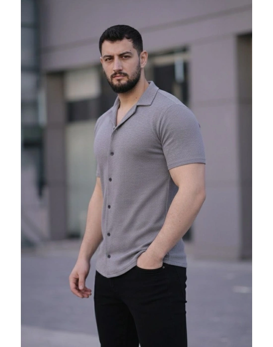 Erkek Waffle Dokuma Açık Yakalı Düğmeli Regular Kalıp 2’li Gömlek Seti - Lacivert & Gri