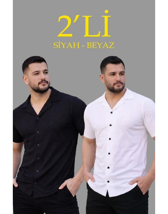 Erkek Waffle Dokuma Açık Yakalı Düğmeli Regular Kalıp 2’li Gömlek Seti - Siyah & Beyaz