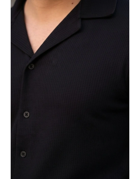 Erkek Waffle Dokuma Açık Yakalı Düğmeli Regular Kalıp 2’li Gömlek Seti - Siyah & Saks Mavisi