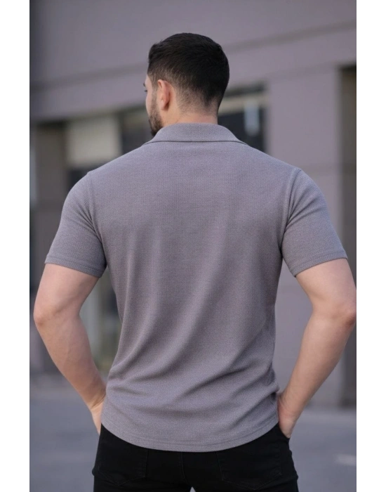 Erkek Waffle Kumaş Kısa Kollu Düğmeli Açık Yaka Regular Fit Gömlek - Gri