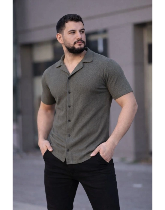 Erkek Waffle Kumaş Kısa Kollu Düğmeli Açık Yaka Regular Fit Gömlek - Haki