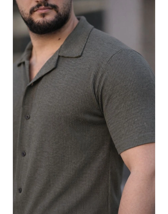 Erkek Waffle Kumaş Kısa Kollu Düğmeli Açık Yaka Regular Fit Gömlek - Haki