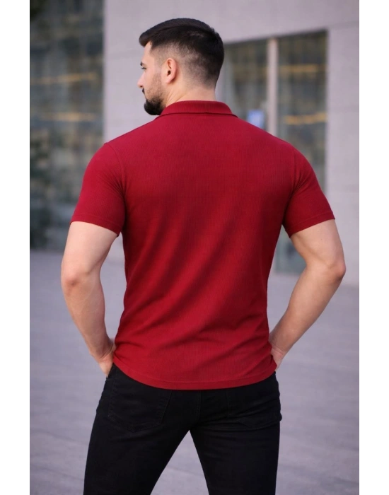 Erkek Waffle Kumaş Kısa Kollu Düğmeli Açık Yaka Regular Fit Gömlek - Kırmızı