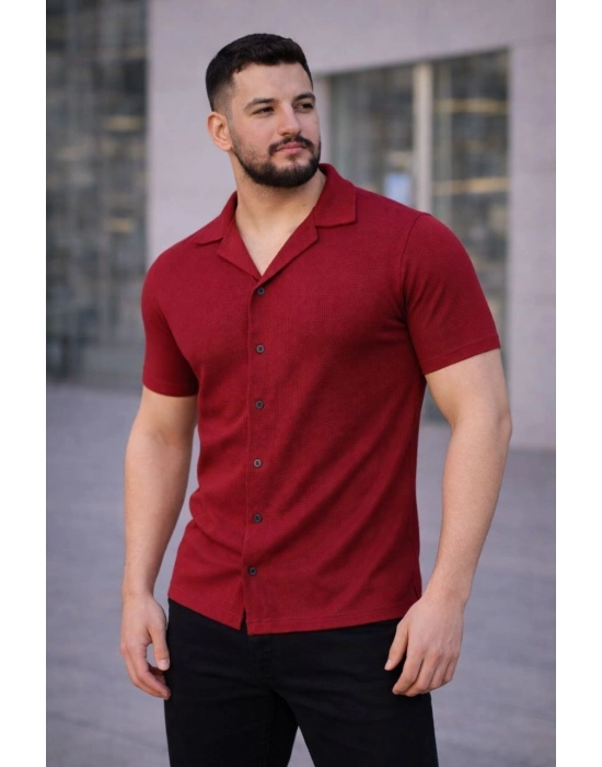 Erkek Waffle Kumaş Kısa Kollu Düğmeli Açık Yaka Regular Fit Gömlek - Kırmızı