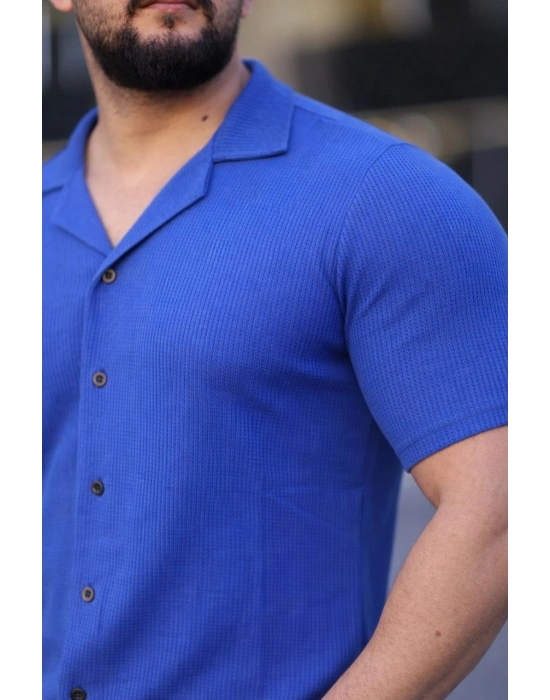 Erkek Waffle Kumaş Kısa Kollu Düğmeli Açık Yaka Regular Fit Gömlek - Saks Mavisi