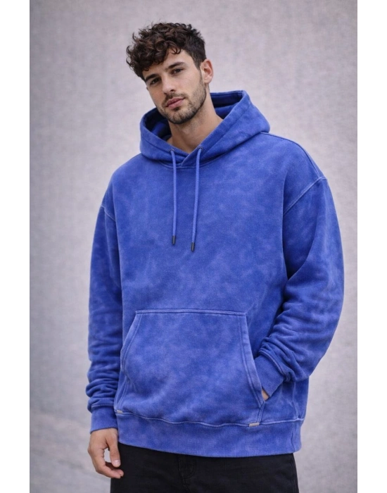 Erkek Yağ Yıkamalı Kapşonlu Double Oversize Üç İplik Pamuklu Sweatshirt - Mavi