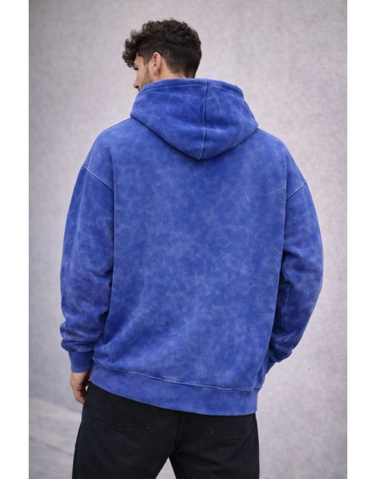 Erkek Yağ Yıkamalı Kapşonlu Double Oversize Üç İplik Pamuklu Sweatshirt - Mavi