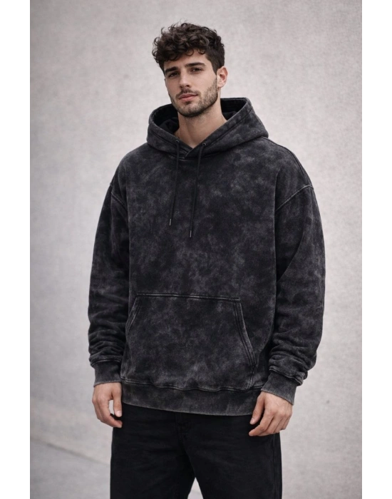 Erkek Yağ Yıkamalı Kapşonlu Double Oversize Üç İplik Pamuklu Sweatshirt - Siyah