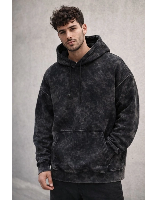 Erkek Yağ Yıkamalı Kapşonlu Double Oversize Üç İplik Pamuklu Sweatshirt - Siyah