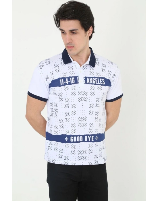 Erkek Yakalı Slim Fit Baskılı T-Shirt - Beyaz