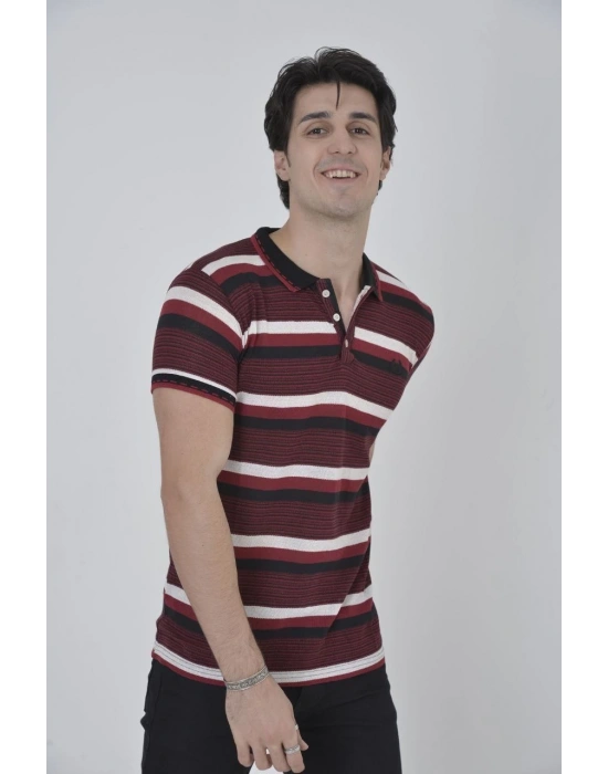 Erkek Yakalı Slim Fit Dokuma Çizgili T-Shirt - Bordo