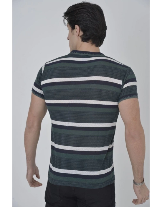 Erkek Yakalı Slim Fit Dokuma Çizgili T-Shirt - Haki