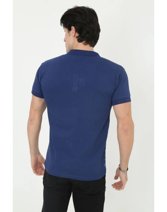 Erkek Yakalı Slim Fit Pike Çizgili T-Shirt - Mavi