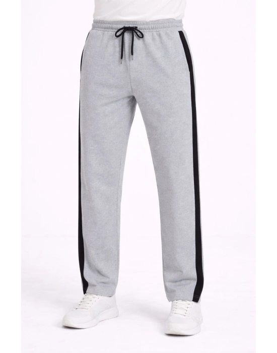 Erkek Yandan Şeritli Boru Paça Eşofman Altı 3 iplik Pamuklu Eşofman - Gri