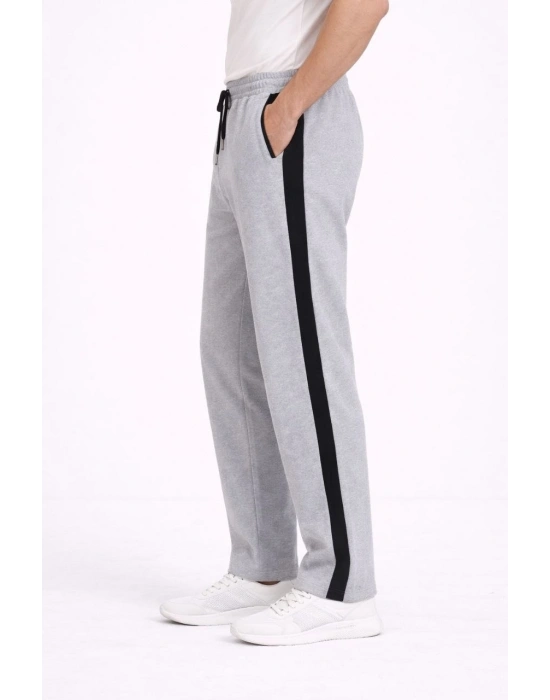 Erkek Yandan Şeritli Boru Paça Eşofman Altı 3 iplik Pamuklu Eşofman - Gri