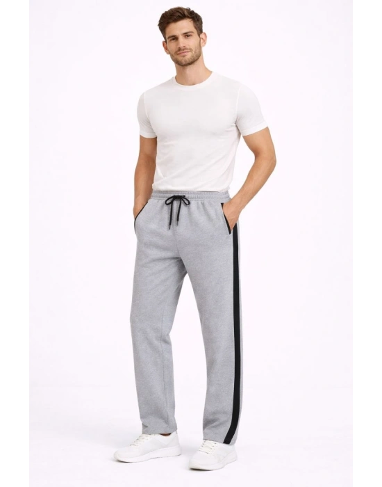 Erkek Yandan Şeritli Boru Paça Eşofman Altı 3 iplik Pamuklu Eşofman - Gri