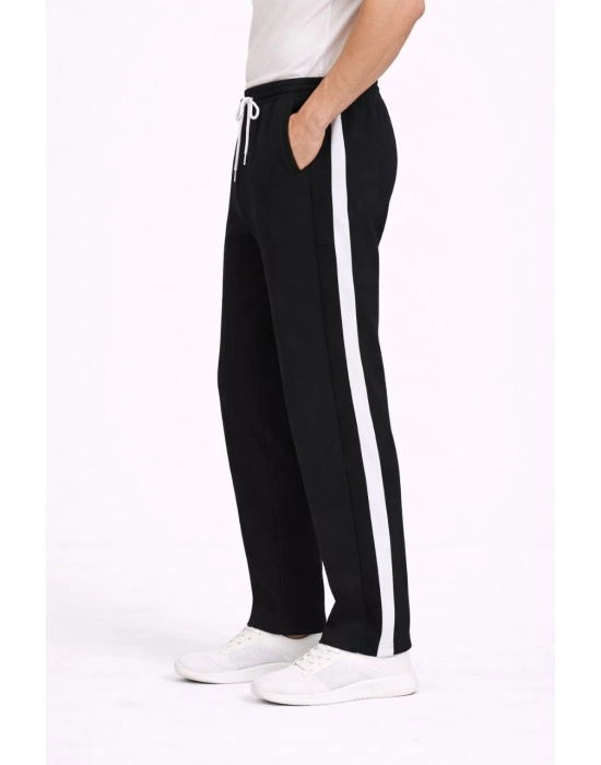 Erkek Yandan Şeritli Boru Paça Eşofman Altı 3 iplik Pamuklu Eşofman - Siyah