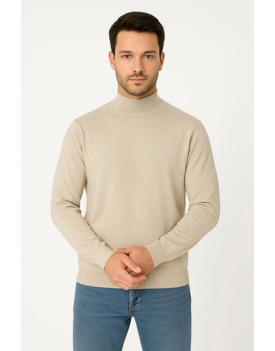 Erkek Yarım Boğaz Triko Kazak yumuşak dokulu Pamuklu ince Dokuma, uzun kollu Rahat Regular kalıp - Bej