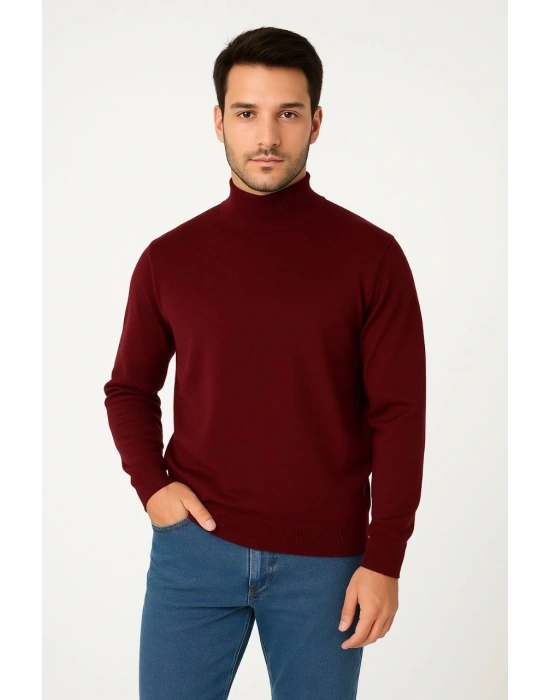 Erkek Yarım Boğaz Triko Kazak yumuşak dokulu Pamuklu ince Dokuma, uzun kollu Rahat Regular kalıp - Bordo