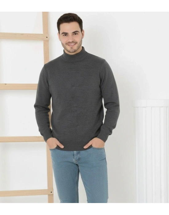 Erkek Yarım Boğaz Triko Kazak yumuşak dokulu Pamuklu ince Dokuma, uzun kollu Rahat Regular kalıp - Füme