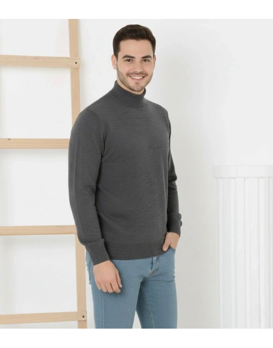 Erkek Yarım Boğaz Triko Kazak yumuşak dokulu Pamuklu ince Dokuma, uzun kollu Rahat Regular kalıp - Füme