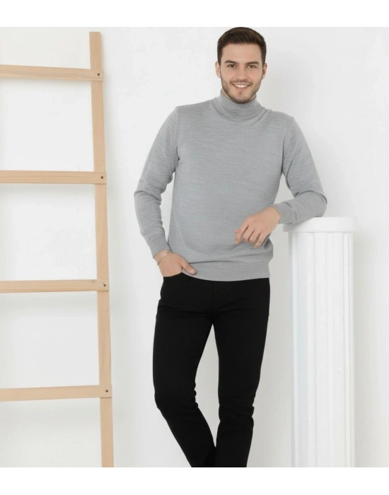 Erkek Yarım Boğaz Triko Kazak yumuşak dokulu Pamuklu ince Dokuma, uzun kollu Rahat Regular kalıp - Gri