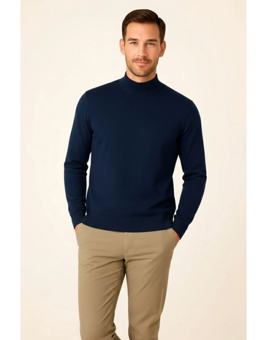 Erkek Yarım Boğaz Triko Kazak yumuşak dokulu Pamuklu ince Dokuma, uzun kollu Rahat Regular kalıp - Lacivert