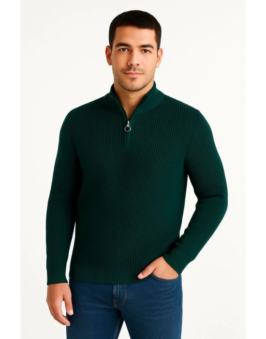 Erkek Yarım Fermuarlı Triko Kazak – Selanik Örgü, Dik Yaka, Pamuklu Dokuma, Regular Fit Uzun Kollu Kışlık Model - Haki