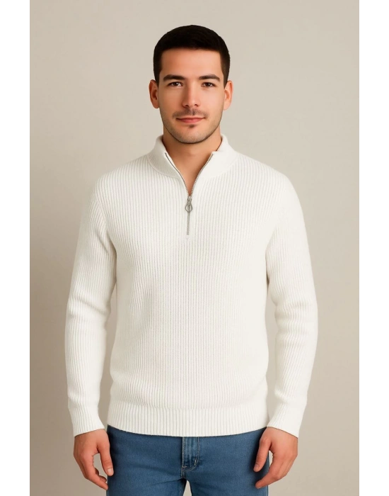 Erkek Yarım Fermuarlı Triko Kazak – Selanik Örgü, Dik Yaka, Pamuklu Dokuma, Regular Fit Uzun Kollu Kışlık Model - Beyaz