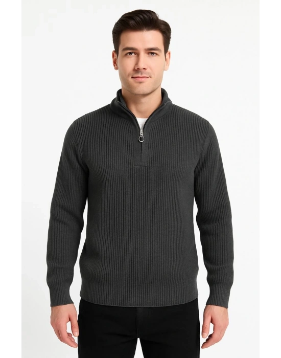 Erkek Yarım Fermuarlı Triko Kazak – Selanik Örgü, Dik Yaka, Pamuklu Dokuma, Regular Fit Uzun Kollu Kışlık Model - Füme