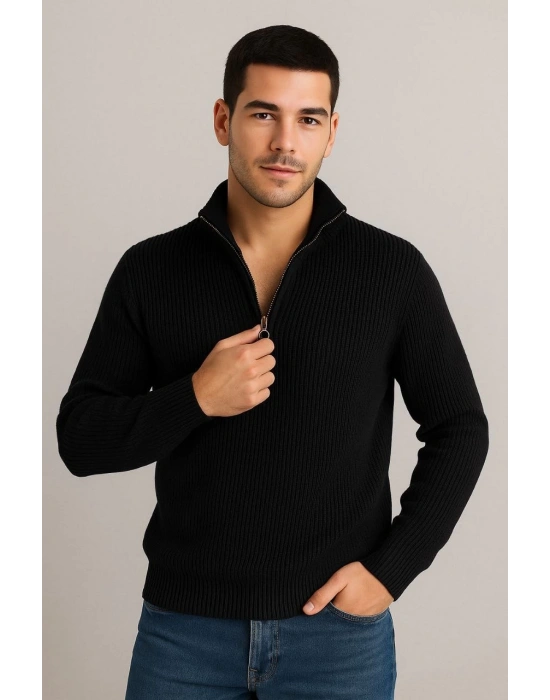 Erkek Yarım Fermuarlı Triko Kazak – Selanik Örgü, Dik Yaka, Pamuklu Dokuma, Regular Fit Uzun Kollu Kışlık Model - Siyah