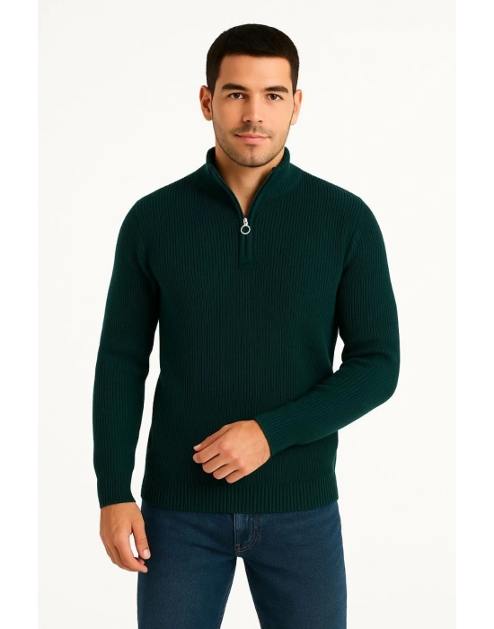 Erkek Yarım Fermuarlı Triko Kazak – Selanik Örgü, Dik Yaka, Pamuklu Dokuma, Regular Fit Uzun Kollu Kışlık Model - Haki