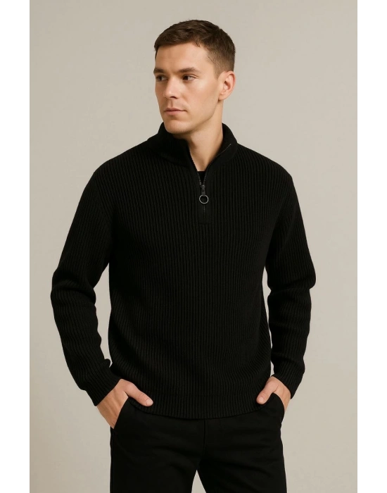 Erkek Yarım Fermuarlı Triko Kazak – Selanik Örgü, Dik Yaka, Pamuklu Dokuma, Regular Fit Uzun Kollu Kışlık Model - Siyah