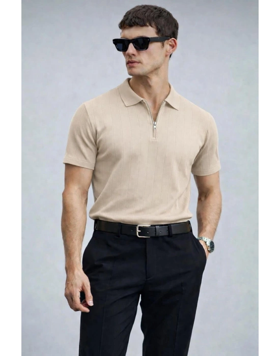 Erkek Yarın Fermuarlı Slim Fit Kısa Kollu Triko Tişört Bej