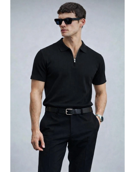 Erkek Yarın Fermuarlı Slim Fit Kısa Kollu Triko Tişört Siyah