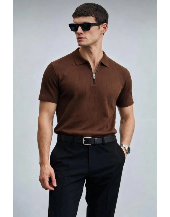Erkek Yarın Fermuarlı Slim Fit Kısa Kollu Triko Tişört Kahverengi