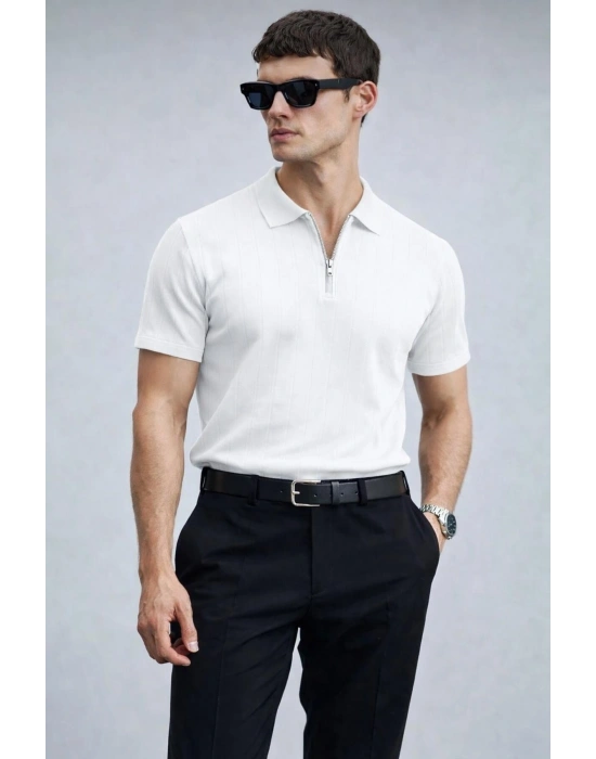 Erkek Yarın Fermuarlı Slim Fit Kısa Kollu Triko Tişört Beyaz