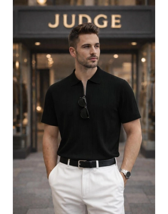 Erkek Yazlık Kısa Kollu Polyemid Yüksek Kalite Düz Yarım Fermuarlı A Kalite Tişört / Siyah