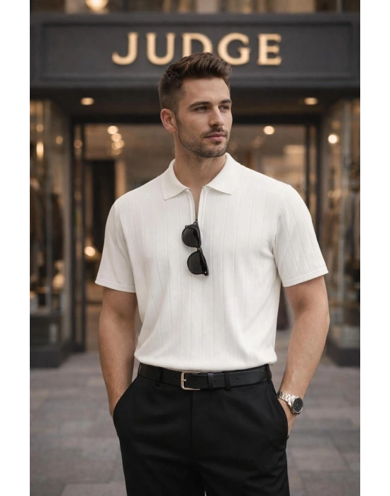 Erkek Yazlık Kısa Kollu Polyemid Yüksek Kalite Düz Yarım Fermuarlı A Kalite Tişört / Beyaz