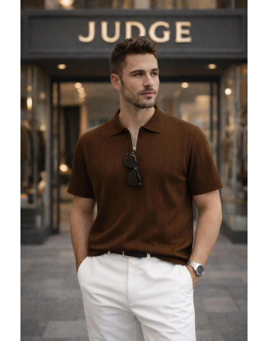 Erkek Yazlık Kısa Kollu Polyemid Yüksek Kalite Düz Yarım Fermuarlı A Kalite Tişört / Kahverengi