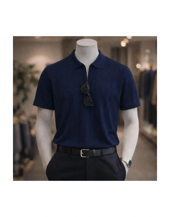 Erkek Yazlık Kısa Kollu Polyemid Yüksek Kalite Düz Yarım Fermuarlı A Kalite Tişört / Lacivert