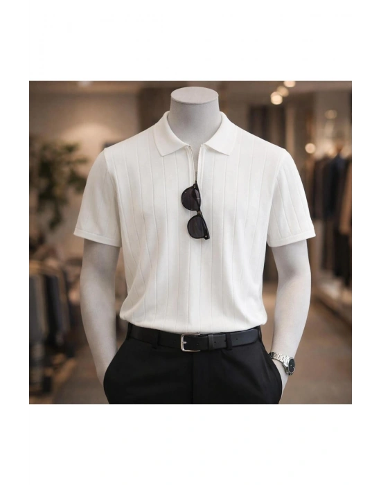 Erkek Yazlık Kısa Kollu Polyemid Yüksek Kalite Düz Yarım Fermuarlı A Kalite Tişört / Beyaz